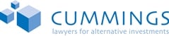 Cummings logo for a law firm specializing in alternative investments, featuring geometric shapes in blue.