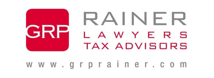 Logo of GRP Rainer, featuring the text "Lawyers Tax Advisors" and a red square with white letters.