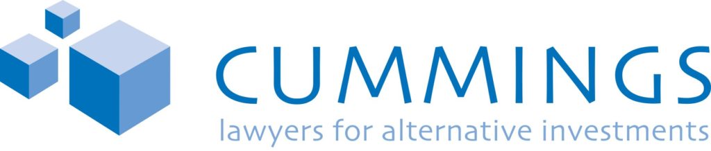 Legal firm logo featuring the name "Cummings" and the tagline "lawyers for alternative investments," with blue geometric shapes.