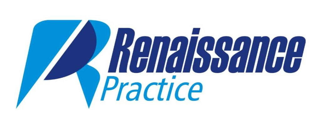 Renaissance Practice logo featuring bold blue text and a stylized emblem representing legal services.