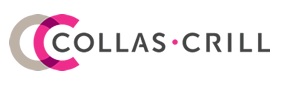 Collas Crill law firm logo featuring interlocking circles in beige and pink with a modern font.