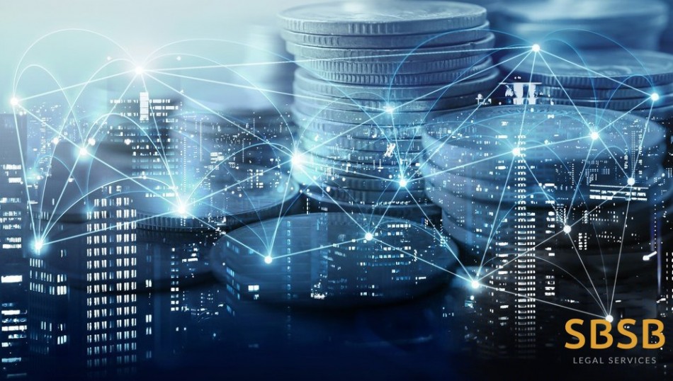 Stacks of coins superimposed on a city skyline with digital network connections, representing financial legal services.