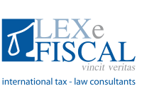Legal consultancy logo featuring a scales of justice symbol and the text "LEX e FISCAL international tax - law consultants".