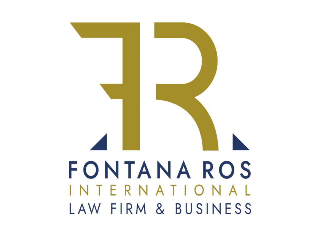 Fontana Ros International law firm logo featuring stylized letters "FR" in gold and blue with business designation.