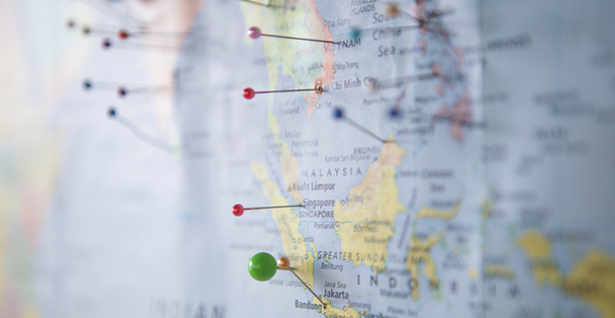 Map with colored pins marking various locations in Southeast Asia.