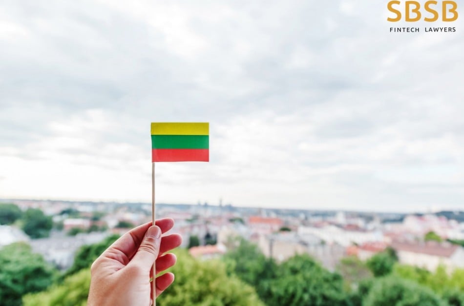 Person holding a small Lithuanian flag with a cityscape in the background on a cloudy day.
