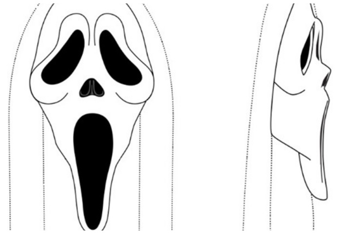 Black and white illustration of a stylized ghost face mask viewed from the front and side angles.