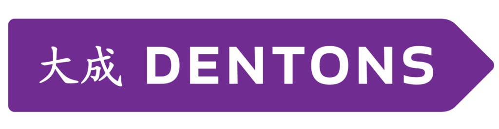 Dentons law firm logo featuring the name "Dentons" in white text on a purple background with a directional arrow.