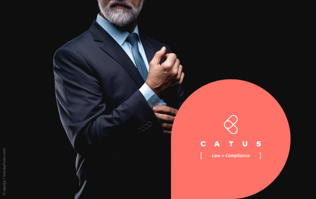 Lawyer adjusting tie in professional attire against a dark background with a logo for a legal services firm.