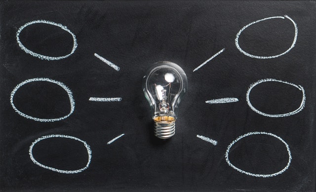 Light bulb surrounded by chalk outlines on a blackboard, representing brainstorming or idea generation.