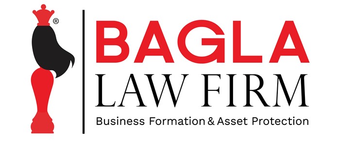 Bagla Law Firm logo featuring stylized chess piece and text for business formation and asset protection services.