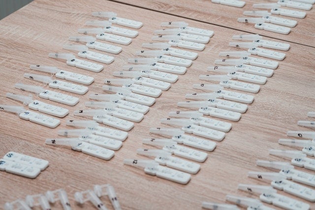 Testing devices arranged in rows on a wooden surface, labeled with numbers and letters for identification.
