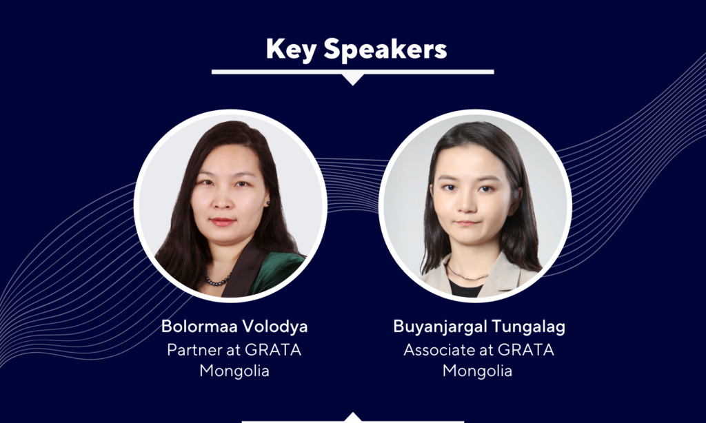Key speakers Bolormaa Volodya and Buyanjargal Tungalag from GRATA, presented in circular portraits on a dark background.