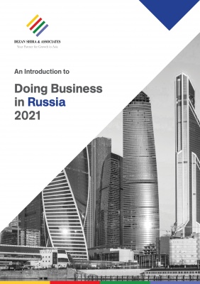 Business guide cover featuring a skyline of modern buildings in Russia with title and publisher details.