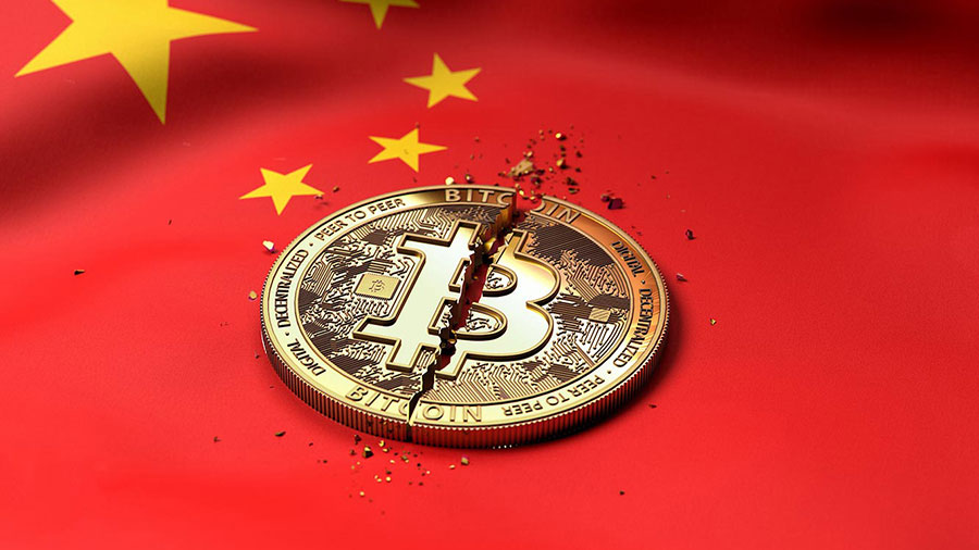 Bitcoin logo cracked on a Chinese flag, symbolizing potential conflict between cryptocurrency and regulations.