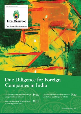 Colorful cover page of a publication titled "India Briefing," focusing on due diligence for foreign companies.