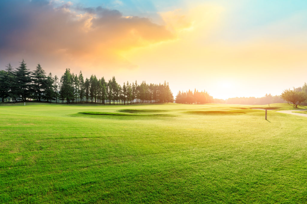 Vast green golf course landscape with trees and a sunset sky in the background.