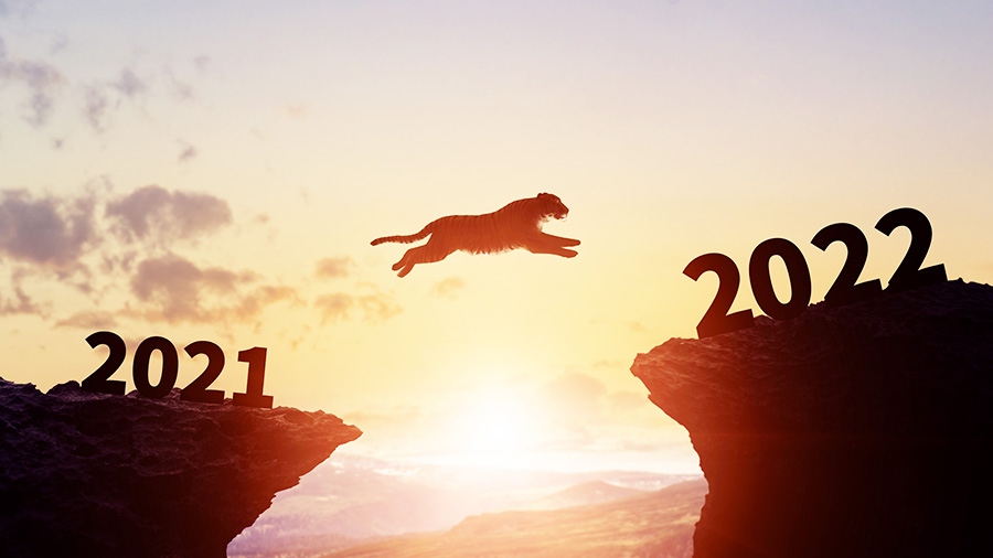 Tiger leaping from a cliff labeled 2021 to another cliff labeled 2022 against a sunset backdrop.