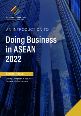 Legal guide cover featuring skyscrapers and title about business in ASEAN 2022, focusing on HR environment.