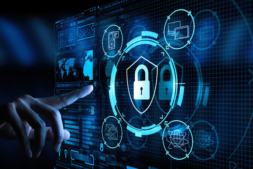 Hand interacting with a digital interface displaying security icons and data visualization elements.