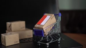 Shopping cart with package on laptop, symbolizing online retail and e-commerce logistics.