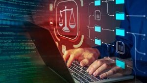 Attorney working on a laptop with legal symbols and digital elements representing legal technology.