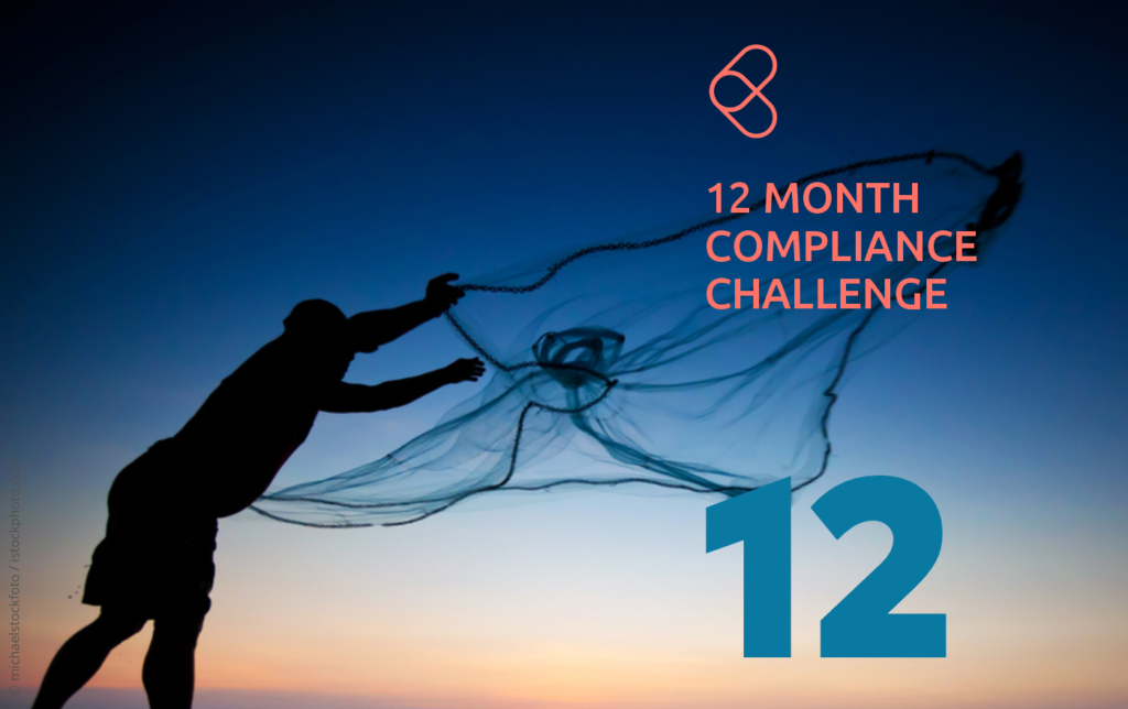 Silhouette of a person tossing a net against a sunset backdrop, promoting a compliance challenge.