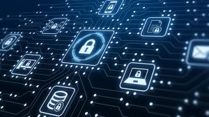 Digital network diagram displaying various security icons, including locks, databases, and communications elements.