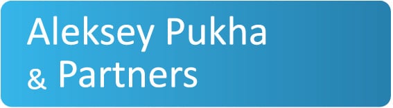 Law firm logo displaying "Aleksey Pukha & Partners" in a blue gradient design.
