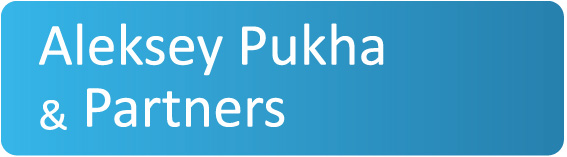 Aleksey Pukha & Partners law firm logo displayed on a blue gradient background.