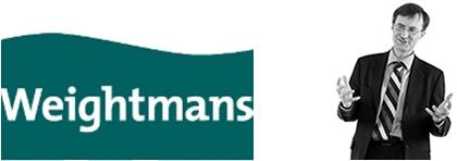 Lawyer gesturing while discussing legal matters next to Weightmans logo.