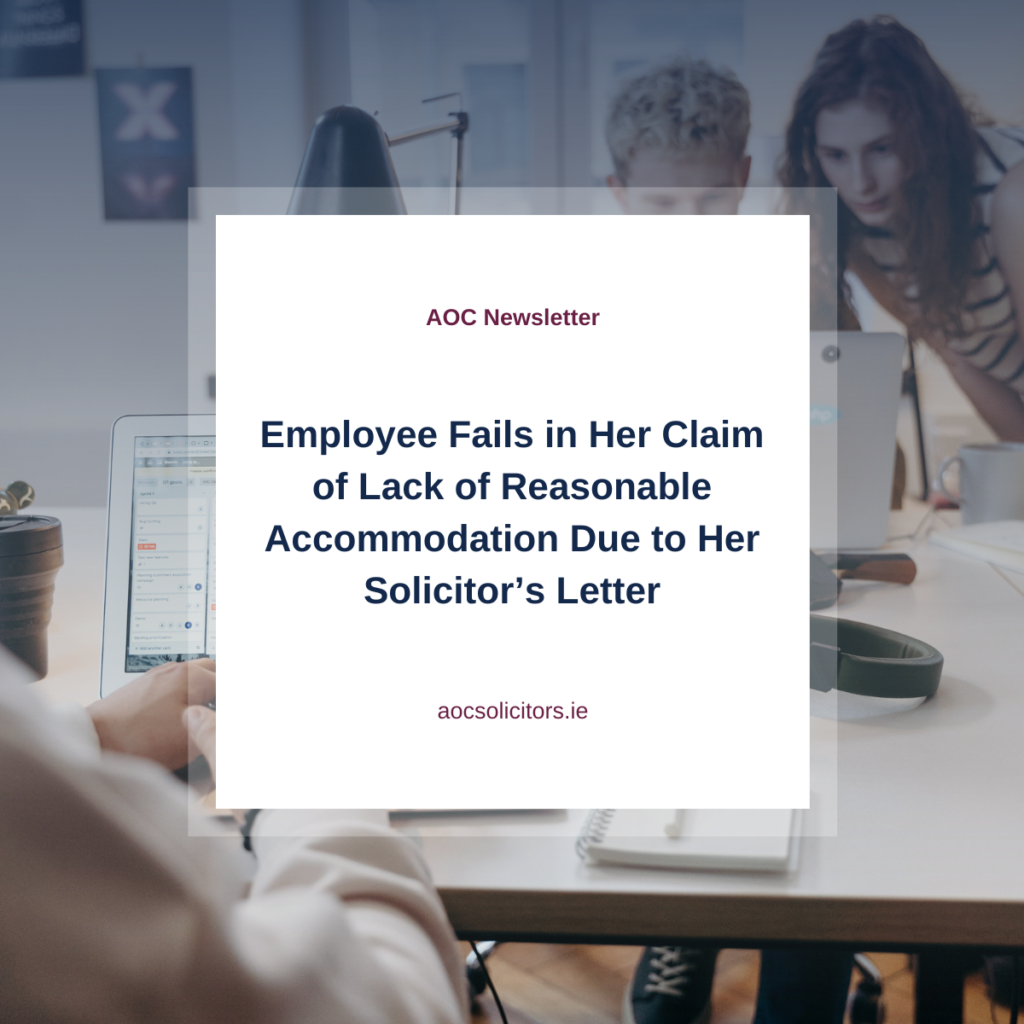 Legal newsletter headline discussing a failed employee claim regarding reasonable accommodation and a solicitor’s letter.