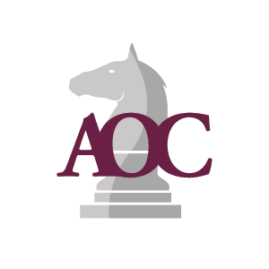 Logo featuring a chess piece (knight) and the initials "AOC" in maroon font.