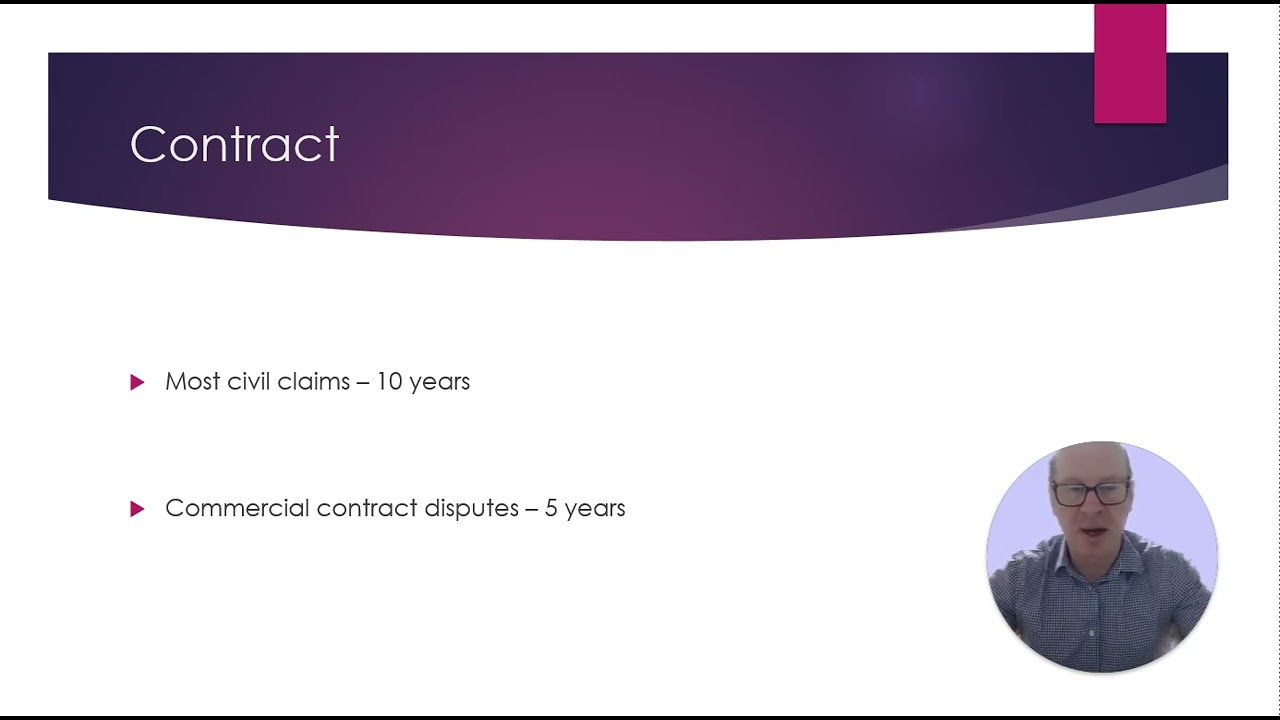 Attorney presenting key points about contract law in online seminar with slides on civil claims and disputes.
