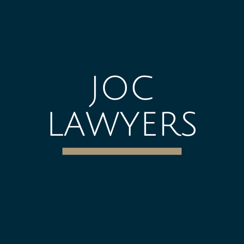 JOC Lawyers logo in modern typography on a dark background.