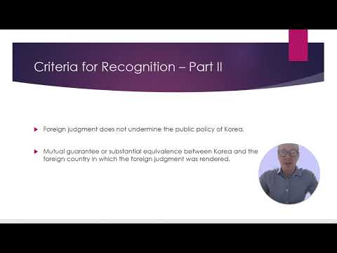 Man presenting criteria for legal recognition of foreign judgments in a professional setting.