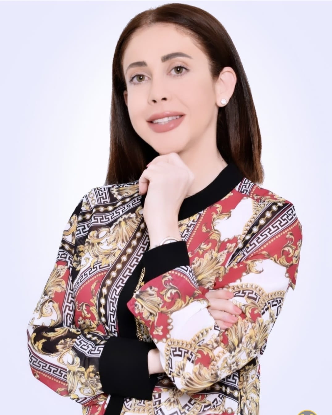 her hand on her chin