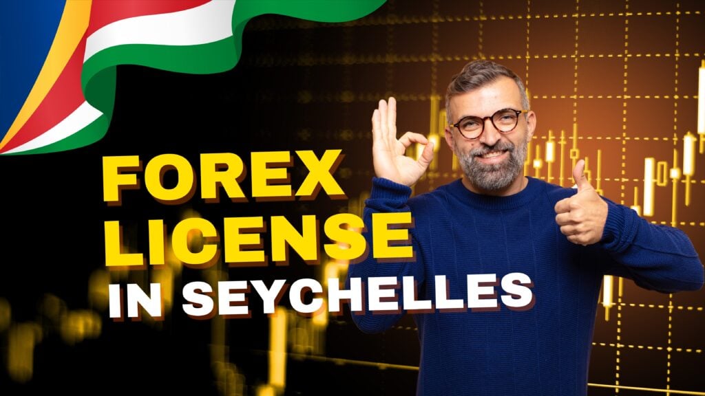 Man showing positive gesture with thumbs up, displaying Forex license information in front of financial graphs.