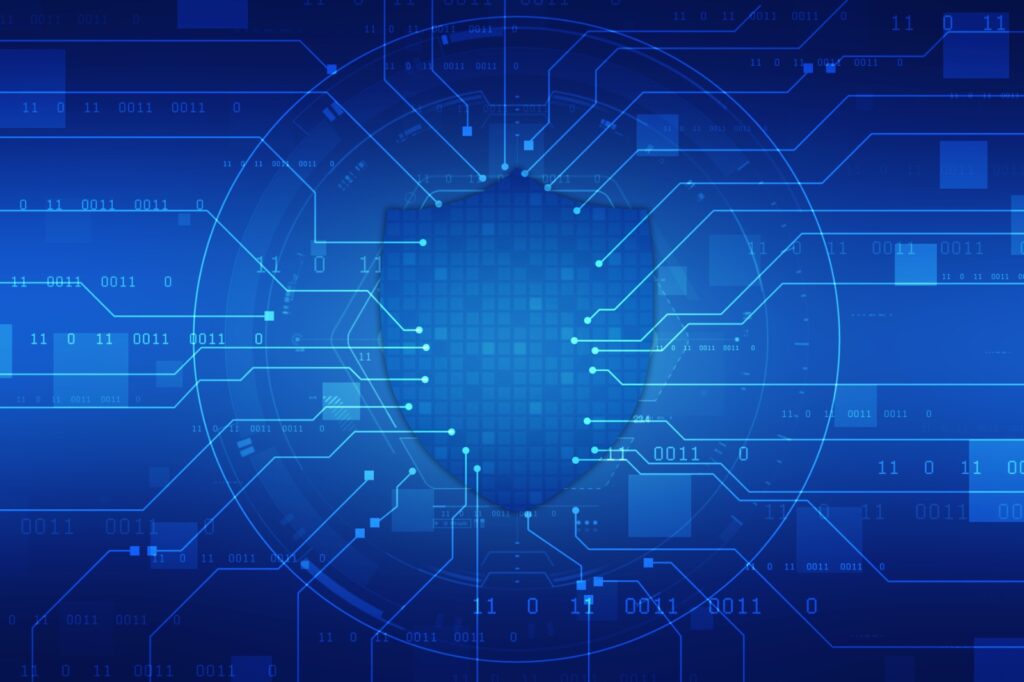 Digital representation of a shield surrounded by circuit patterns and binary code, symbolizing cybersecurity and protection.