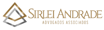 Law firm logo featuring the name 'Sirlei Andrade' with geometric shapes in gold and silver colors.