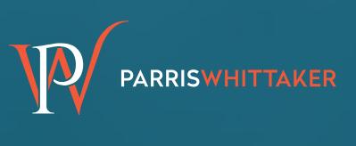 Logo for Parris Whittaker featuring stylized initials PV in white and orange on a blue background.