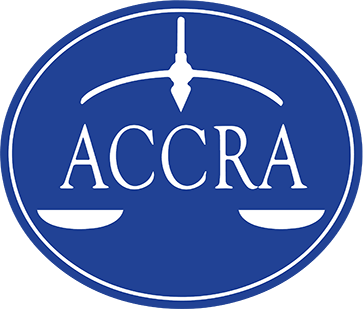 Blue logo featuring the letters "ACCRA" and scales of justice symbol.