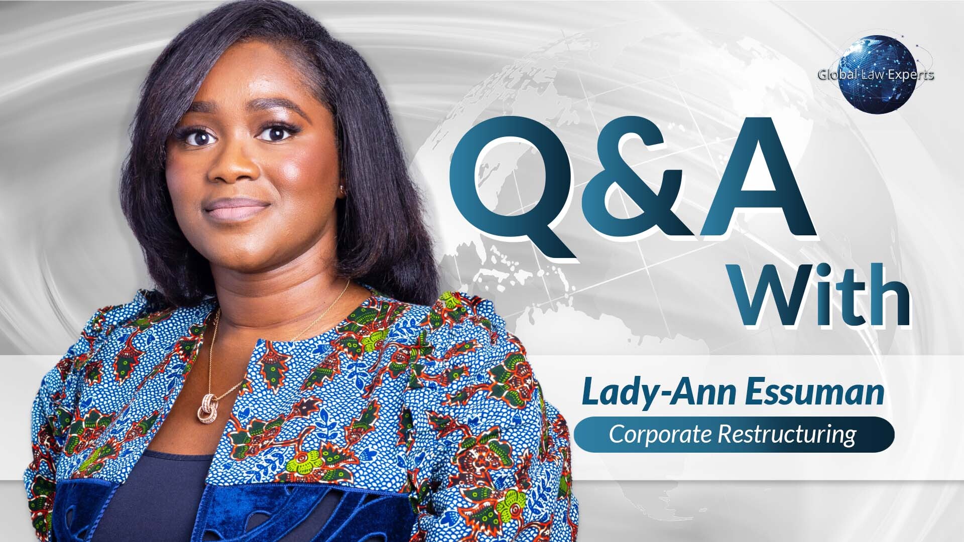 Corporate restructuring expert posing for a Q&A session with a neutral backdrop and global graphics.
