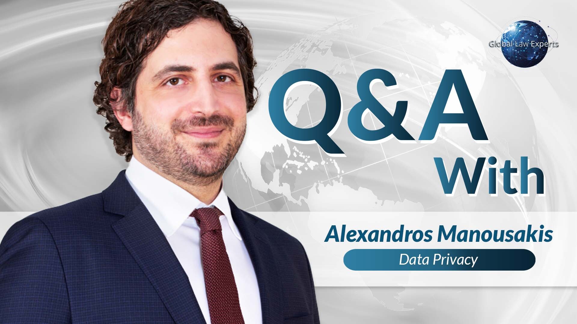 Legal professional discussing data privacy, with a world map in the background and "Q&A" text overlay.