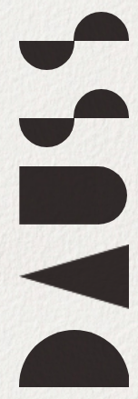 Abstract geometric shapes arranged vertically on a light textured background.