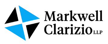 Markwell Clarizio LLP company logo featuring geometric shapes in blue and black.