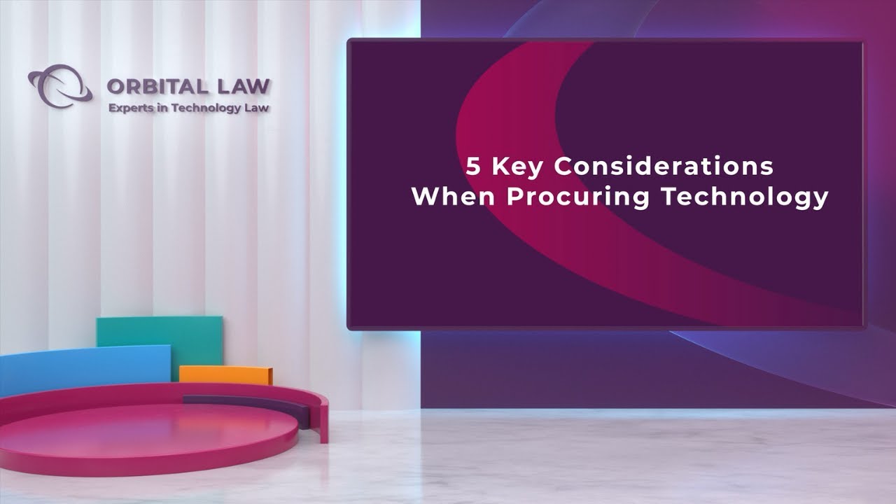 Presentation backdrop displaying "5 Key Considerations When Procuring Technology" at legal technology event.