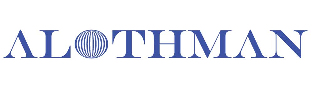 Legal logo for Alothman, featuring bold blue lettering and a stylized globe icon.
