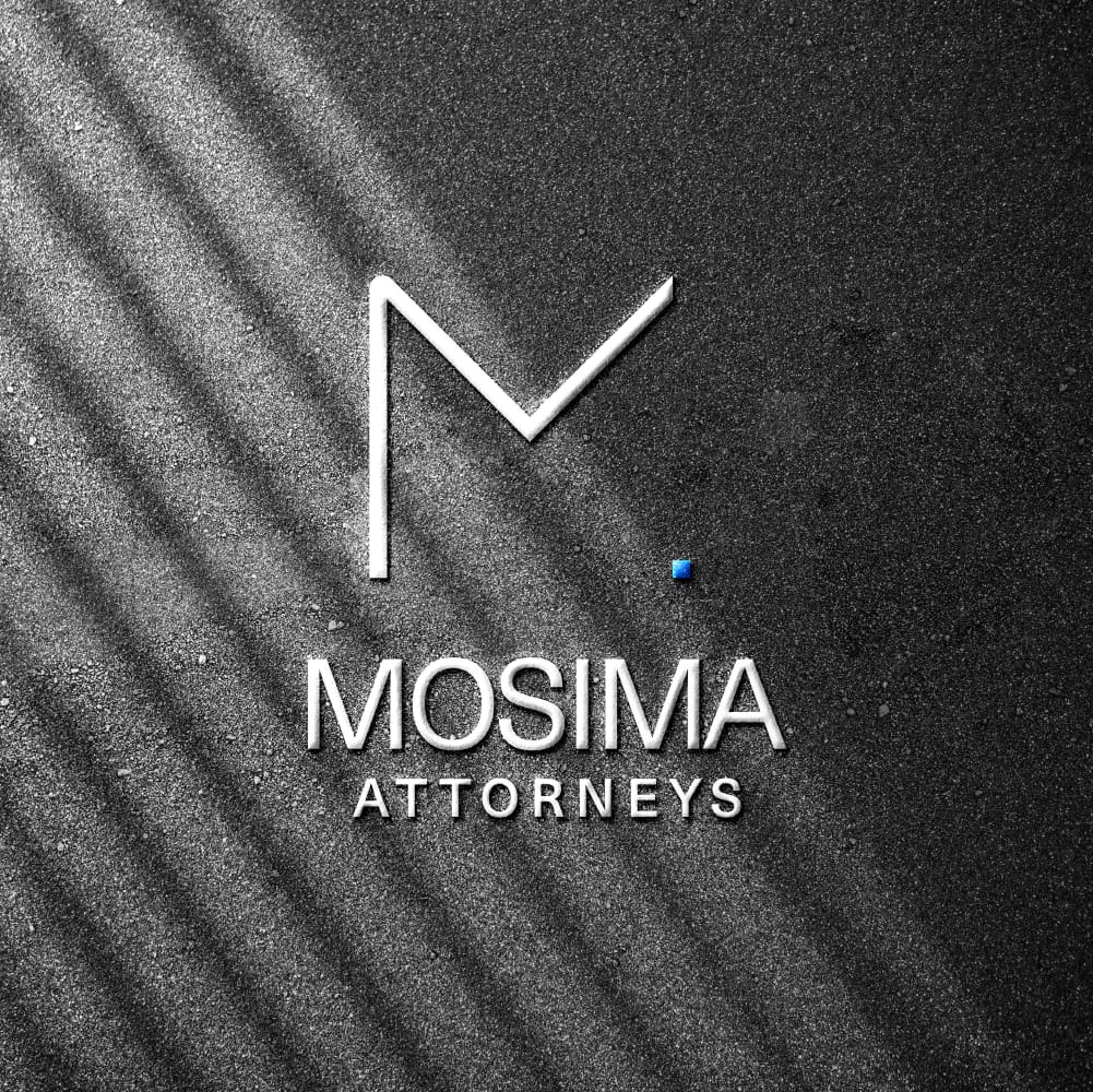 Mosima Attorneys logo displayed on a textured surface with light and shadow effects.