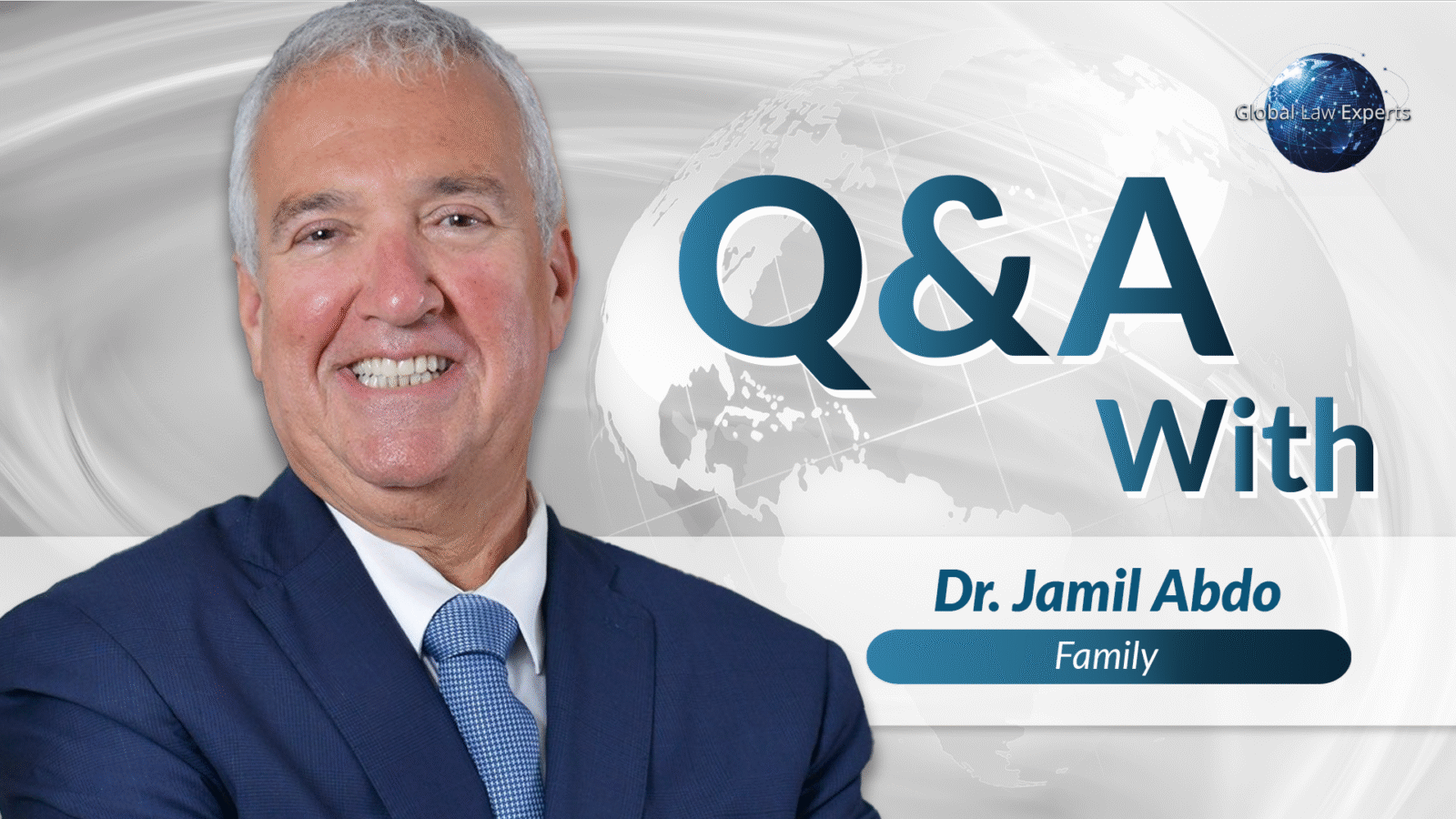 Legal expert smiling during a Q&A session on family law, with a world map background.